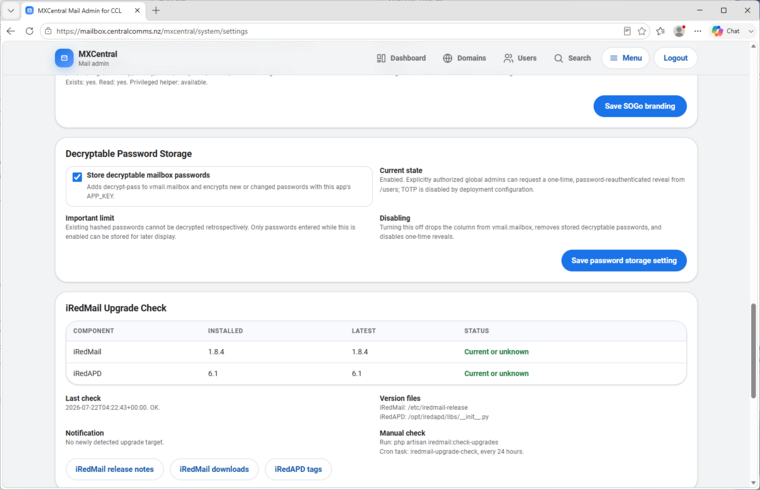 MxCentral decryptable password storage and iRedMail upgrade check settings