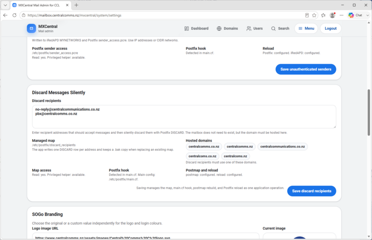 MxCentral discard messages silently settings with managed recipients and Postfix map status