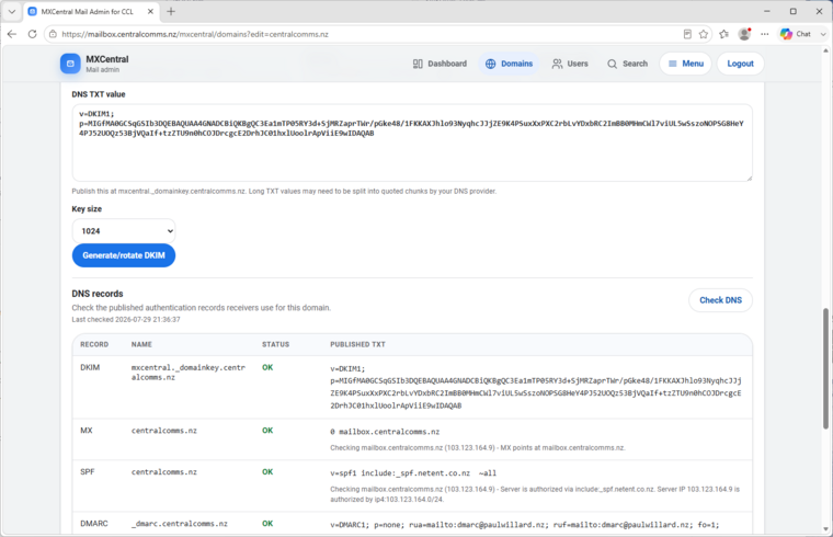 MxCentral DKIM and DNS page showing generated DNS records and MX SPF DKIM DMARC checks