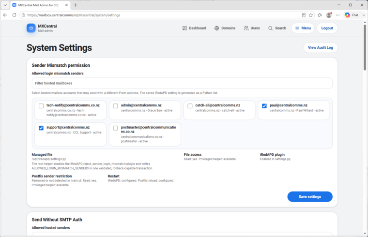 MxCentral sender mismatch settings with allowed login mismatch senders